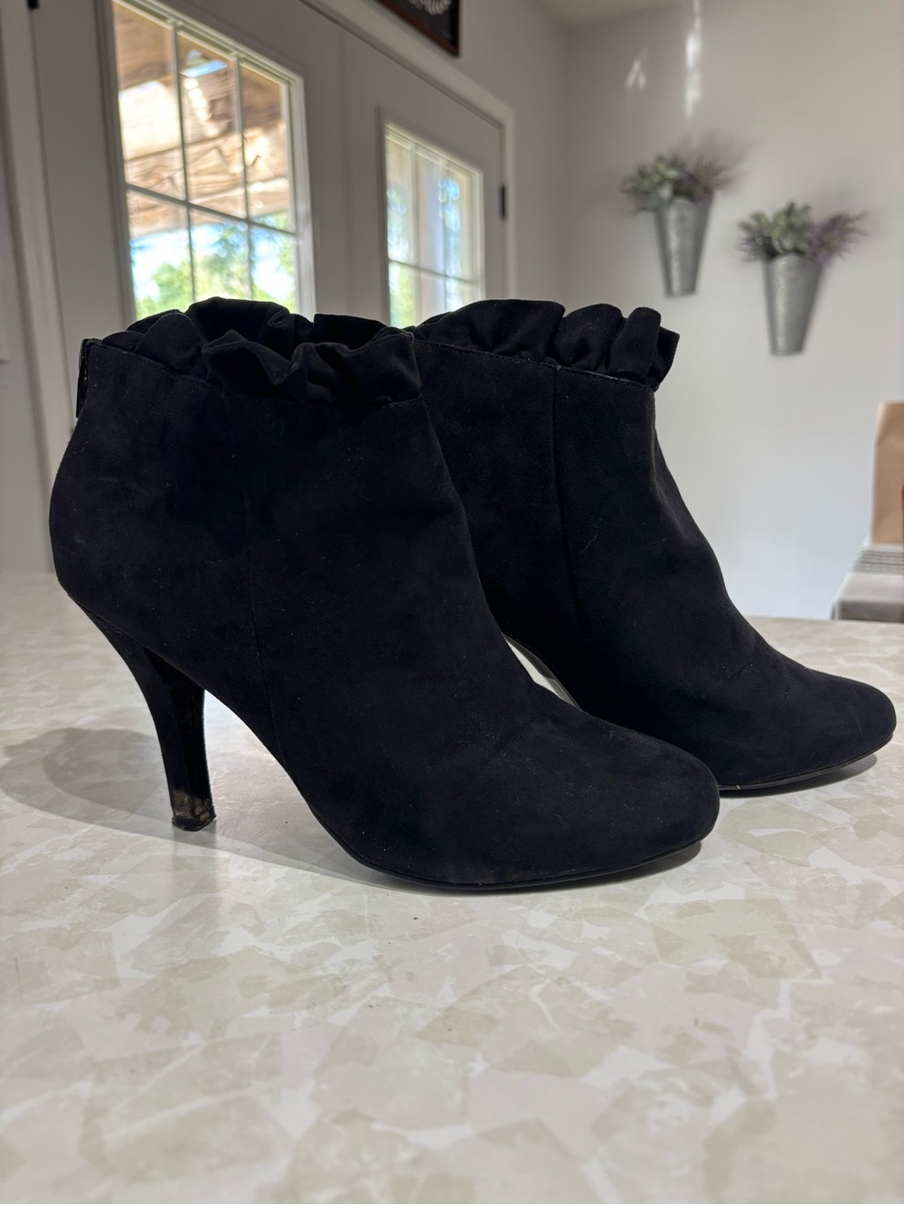 Cato Black Suede Ruffle Ankle Booties